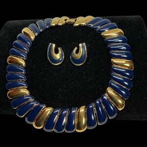 VTG Monet Gold-Tone & Blue Enamel Collar Necklace with Napier Earrings